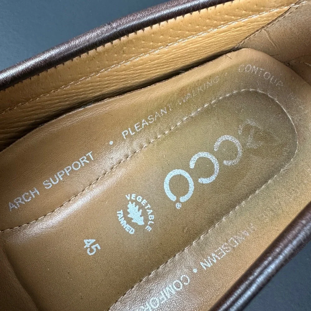 ECCO Mens Brown Leather Penny Loafers Handsewn Driving Shoes Moc 45 US 11-11.5